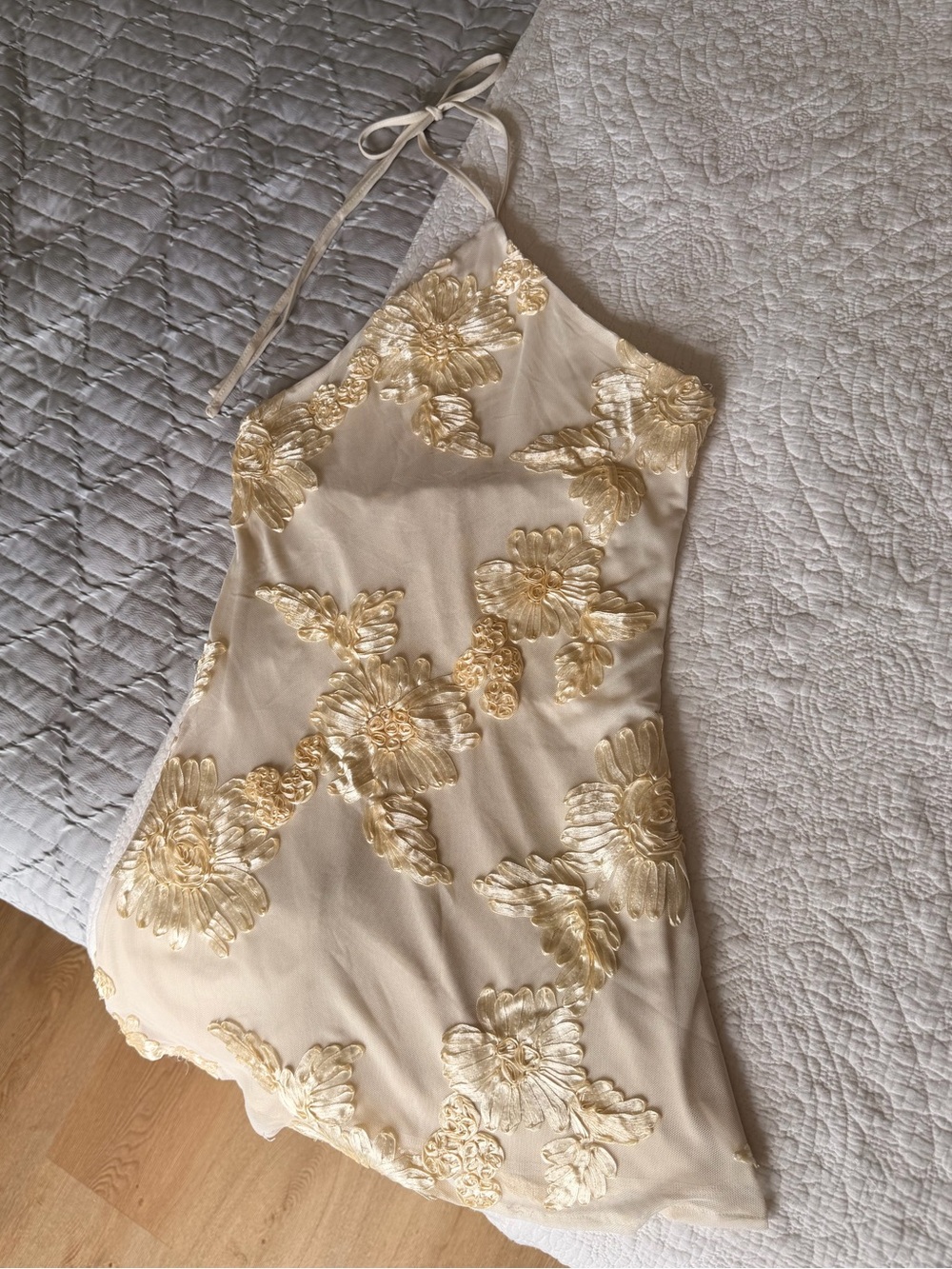 SHEIN Cream Chemise with Gold Floral Lace Appliqué